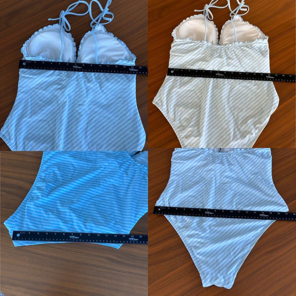 Shade & Shore One Piece Swimsuit L Blue White Striped Ruffle Coastal Chic Preppy